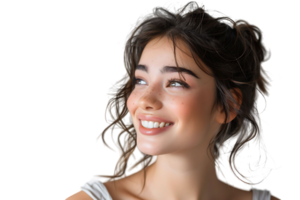 Portrait of satisfied glad lovely lady beaming smile look empty space on transparent background png