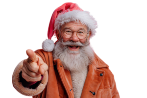 Portrait of stylish trendy funny Santa pointing at camera on transparent background png