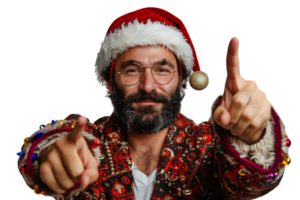 Portrait of stylish trendy funny Santa pointing at camera on transparent background png