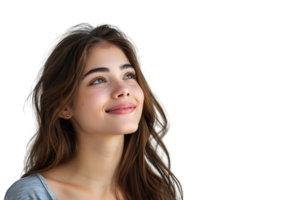 portrait de satisfait heureux charmant Dame radieux sourire Regardez vide espace sur transparent Contexte png