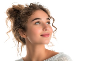 Portrait of satisfied glad lovely lady beaming smile look empty space on transparent background png