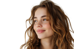 Portrait of satisfied glad lovely lady beaming smile look empty space on transparent background png