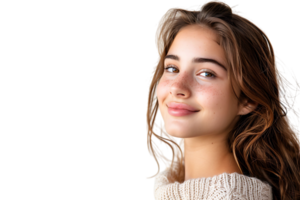 portrait de satisfait heureux charmant Dame radieux sourire Regardez vide espace sur transparent Contexte png