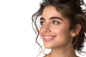 Portrait of satisfied glad lovely lady beaming smile look empty space on transparent background png