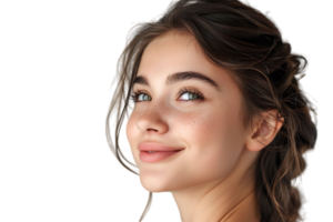 portrait de satisfait heureux charmant Dame radieux sourire Regardez vide espace sur transparent Contexte png