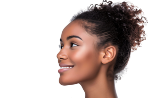 Portrait of satisfied glad lovely lady beaming smile look empty space on transparent background png