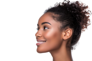 portrait de satisfait heureux charmant Dame radieux sourire Regardez vide espace sur transparent Contexte png