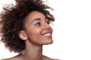 Portrait of satisfied glad lovely lady beaming smile look empty space on transparent background png