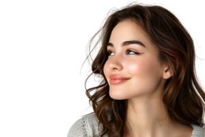 Portrait of satisfied glad lovely lady beaming smile look empty space on transparent background png