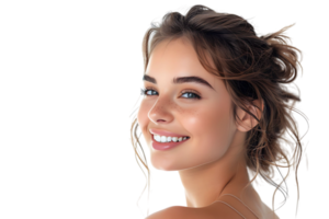 Portrait of satisfied glad lovely lady beaming smile look empty space on transparent background png