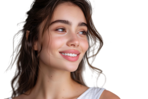 Portrait of satisfied glad lovely lady beaming smile look empty space on transparent background png