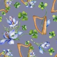 Harp and spring flowers watercolor seamless pattern isolated on blue. Painted green clover with crocus and string musical instrument. Irish symbol hand drawn. Design for St. Patrick day, paper. vector