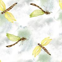 Dragonflies on watercolor backdrop seamless pattern isolated on white. Flying insects illustration hand drawn. Colorful sketch bugs with transparent wings. Design for textile, tableware, wrapping vector