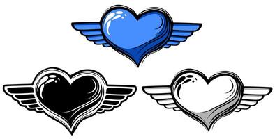 set blue hearts with wings icon. cute love flying vector