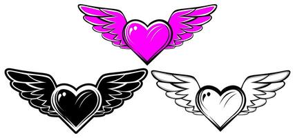 conjunto púrpura corazón volador icono. amor con ala logo vector