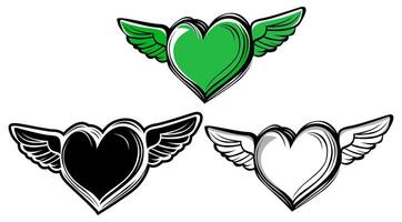 set doodle green hearts wing fly icon design vector