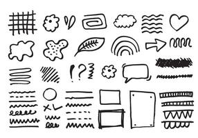 Hand drawn doodle design elements, black on white background. Swishes, swoops, emphasis, Arrow, line, brush heart. doodle sketch design elements vector