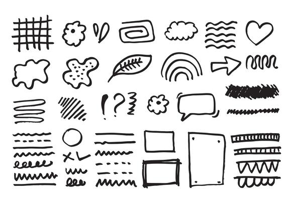 Hand drawn doodle design elements, black on white background. Swishes, swoops, emphasis, Arrow, line, brush heart. doodle sketch design elements