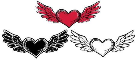 set hand drawn heart with wing icon. angel love fly vector