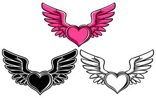 conjunto rosado corazón con ala. Cupido amor icono ilustración vector