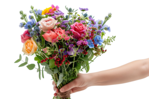 flower bouquet in hand on isolated transparent background png