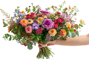 flower bouquet in hand on isolated transparent background png