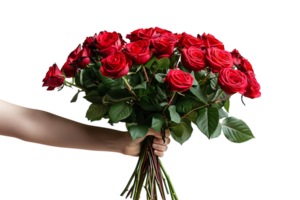 Red roses bouquet in hand on isolated transparent background png