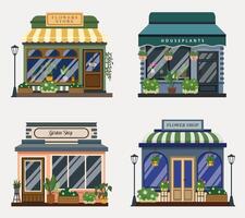 Set of retro flowers store facade detailed with modern small buildings vector