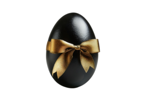 Black egg with a gold ribbon on transparent background png