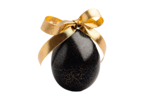 Black egg with a gold ribbon on transparent background png