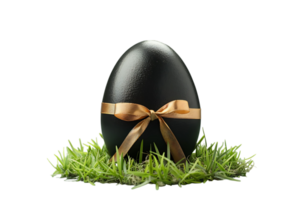 Black egg with a gold ribbon on grass transparent background png