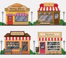 conjunto de retro panadería tienda fachada detallado con moderno pequeño edificios vector