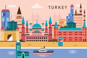Turquía horizonte concepto plano diseño ilustración, viajar a Turquía concepto con horizonte y famoso edificios punto de referencia vector