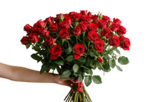 rojo rosas ramo de flores en mano en aislado transparente antecedentes png