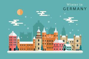 Winter Germany skyline concept flat design illustration,Travel to Winter Germany concept with skyline and famous buildings landmark vector