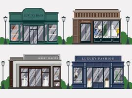 Set of vintage boutique fashion shop facade detailed with modern small buildings vector