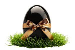 Black egg with a gold ribbon on grass transparent background png