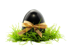 Black egg with a gold ribbon on grass transparent background png