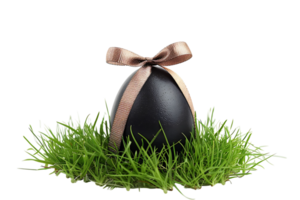 Black egg with a gold ribbon on grass transparent background png