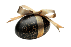 Black egg with a gold ribbon on transparent background png