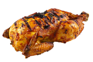 Whole grilled chicken on isolated transparent background png