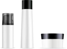 blanco cosmético botellas paquete con negro tapas crema frasco, champú botella, afeitado crema bomba envase. 3d realista ilustración. vector