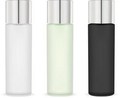 cosmético hidratante botellas embalar. negro, blanco y ligero verde color vaso frascos con lustroso el plastico tapas 3d realista Bosquejo modelo. vector