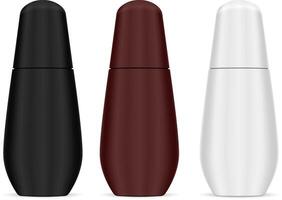 Smooth shape trendy cosmetic bottles for hair or body care products. Black, white and brown container concepts. 3v realistic design pack. vector