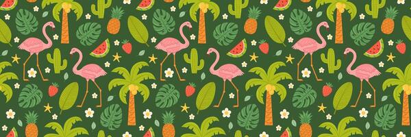 Summer seamless pattern with flamingos and tropical plants, flat background vector
