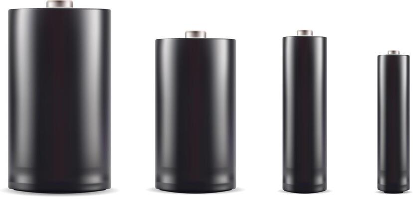 Black alkaline battery mockup set. 3d realistic illustration. Different size accumulators isolated on white.