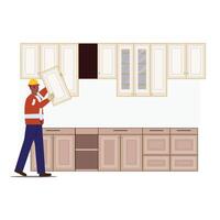 Kitchen Installation Illustration With A Black Worker Carrying A Door From The Kitchen Cabinet vector