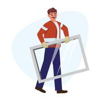 Moustached Worker Carrying Window Frame vector