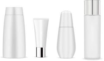 White cosmetic bottle mockup pack. Different package bottles, tube, flacon for gel, soap, shampoo for hygiene. 3d realistic set in plastic material. vector