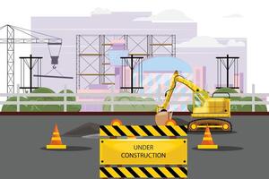 Urban construction site under cloudy skies. Excavator, crane and buildings on the background vector